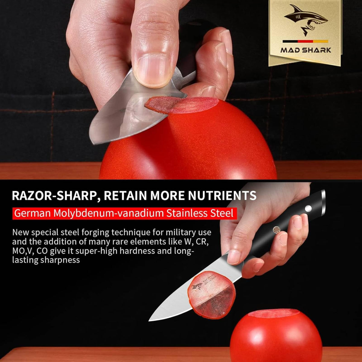 MAD SHARK fruit knife showing precision cuts with small fruits