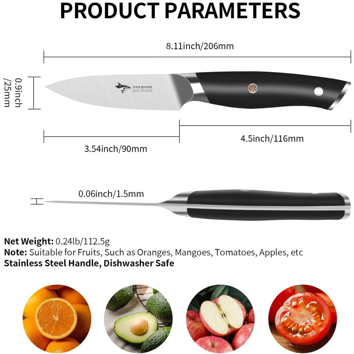 MAD SHARK paring knife close-up highlighting razor-sharp edge for clean slicing