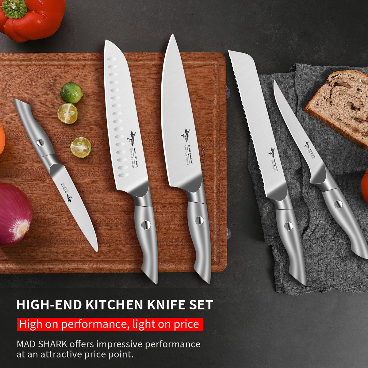 MAD SHARK 8-inch santoku knife: versatile chopping for dicing and mincing.