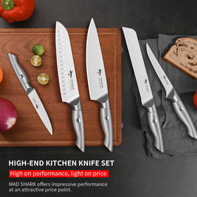 MAD SHARK 8-inch santoku knife: versatile chopping for dicing and mincing.