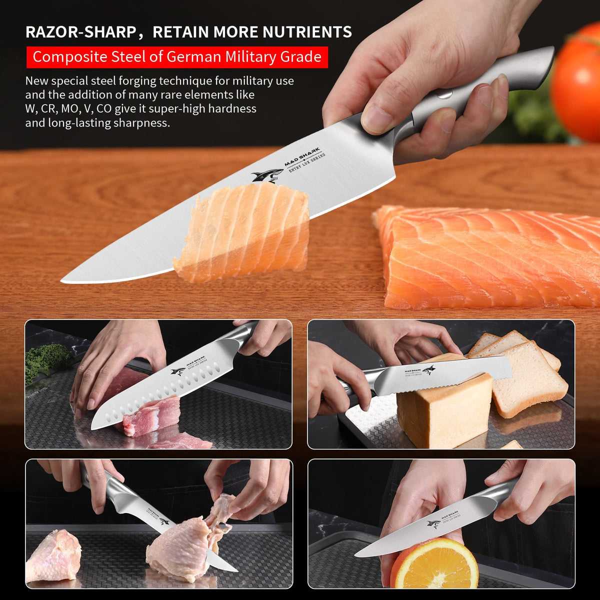 MAD SHARK 8-inch serrated bread knife: clean slices through crusty loaves.