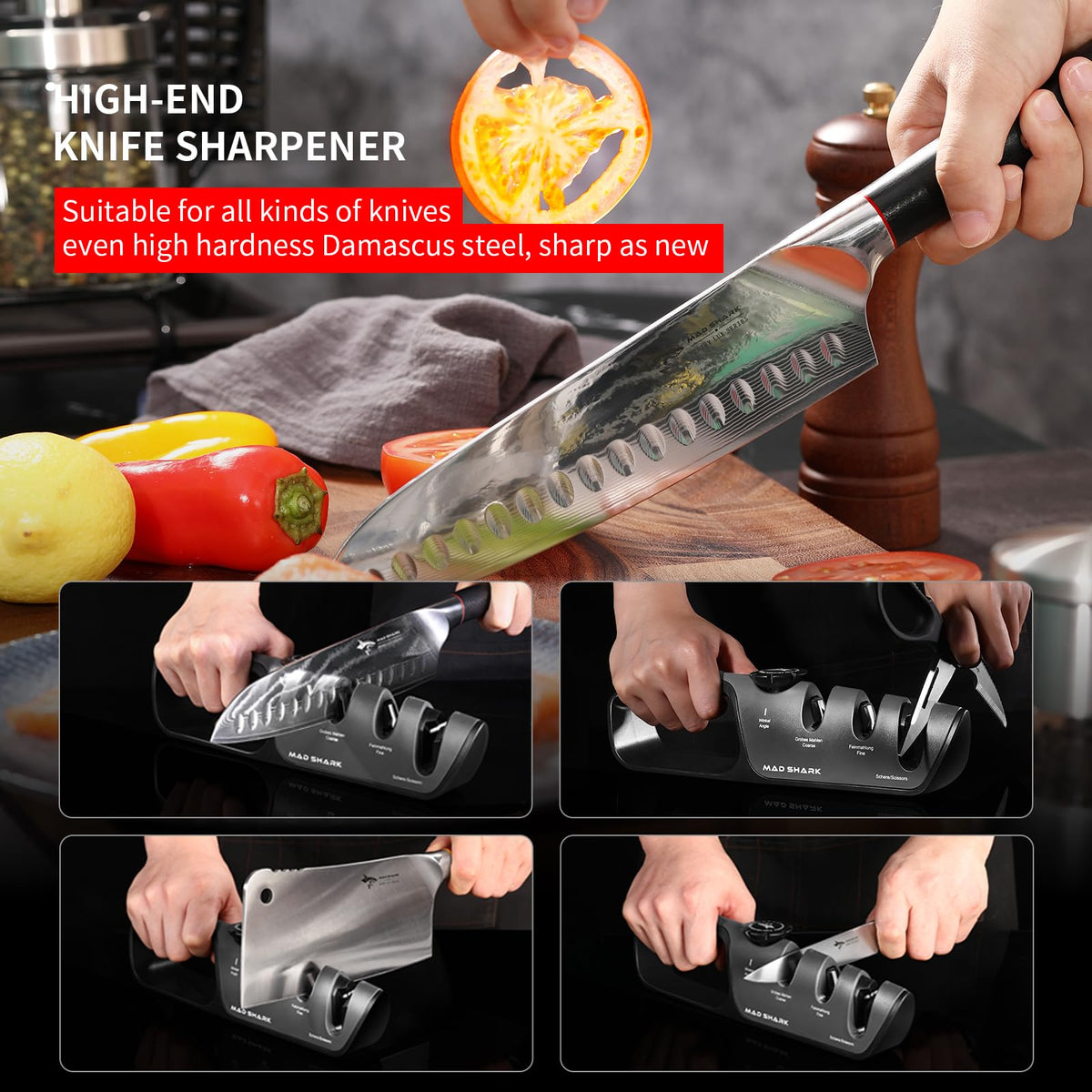 MAD SHARK ergonomic handle for a secure, comfortable sharpening grip.