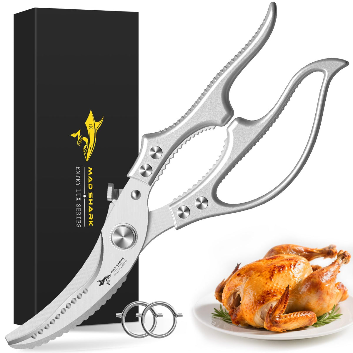 MAD SHARK heavy duty poultry shears blade closeup for precise poultry cutting.