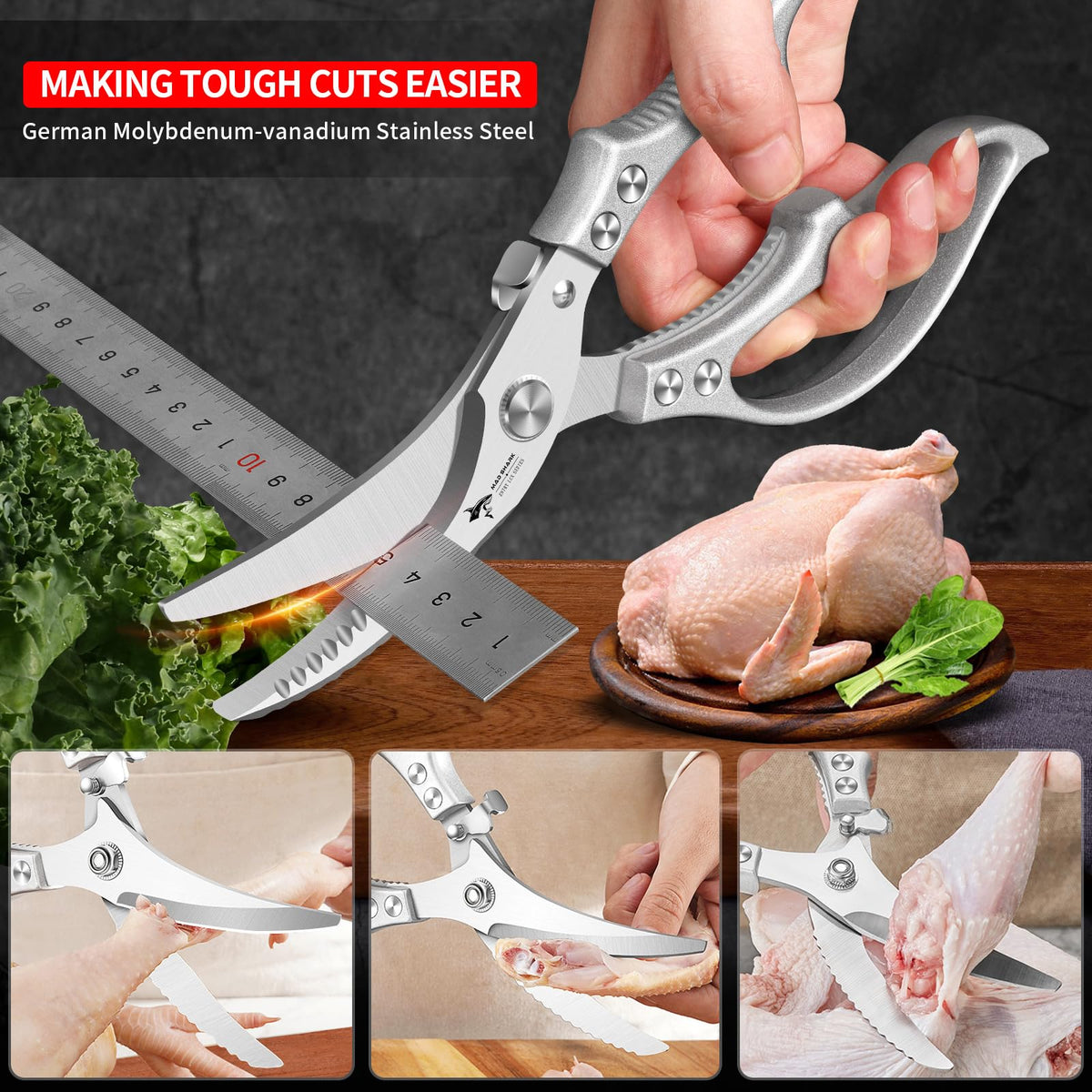 MAD SHARK heavy duty shears ergonomic handle in use for fatigue-free cutting.