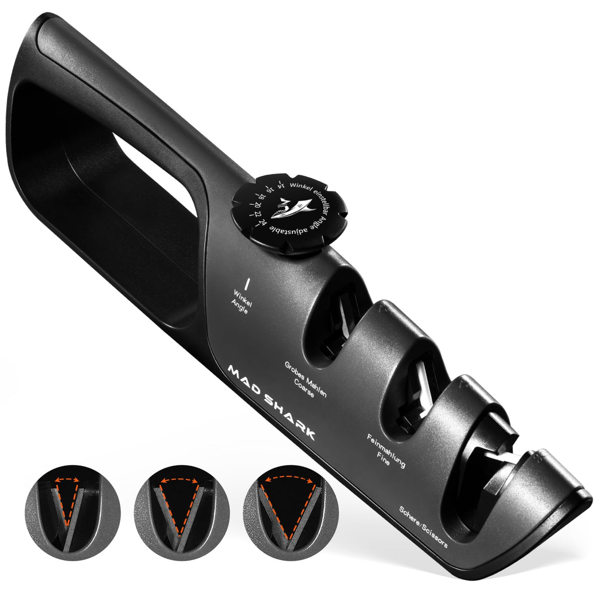 MAD SHARK knife sharpener angle dial shows six adjustable angles for precise edge setup.