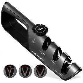 MAD SHARK knife sharpener angle dial shows six adjustable angles for precise edge setup.