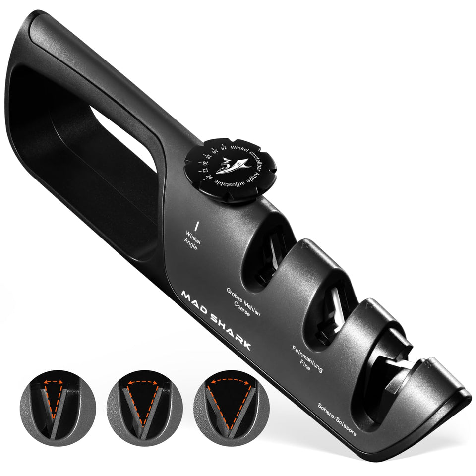 MAD SHARK knife sharpener angle dial shows six adjustable angles for precise edge setup.
