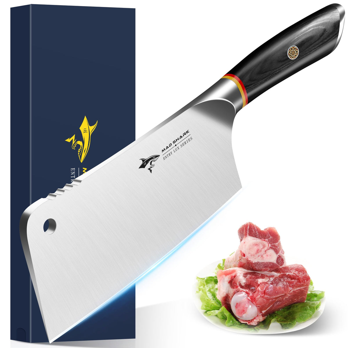 MAD SHARK meat cleaver with a 7.5-inch blade for bone cutting and heavy chopping.