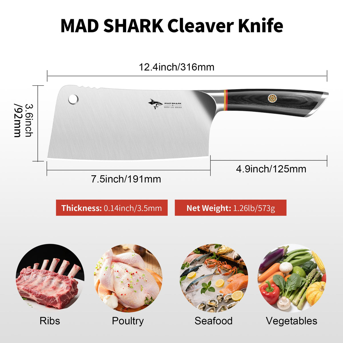 MAD SHARK cleaver demonstrates bone-cutting capability for professional kitchen tasks.