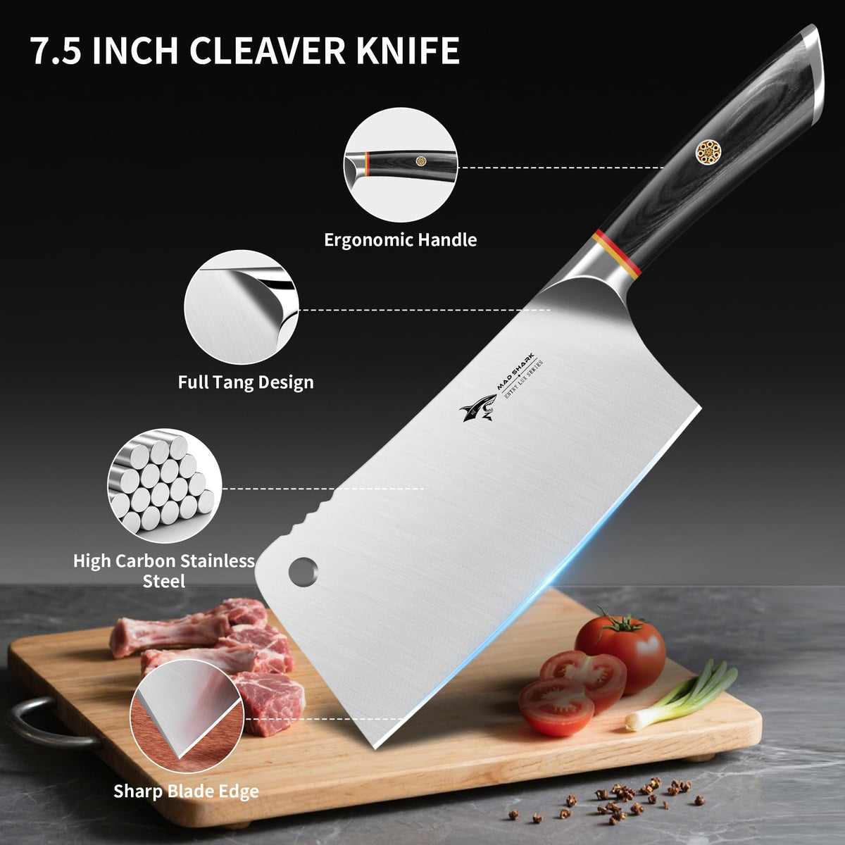MAD SHARK cleaver with ergonomic ebony handle for secure grip.