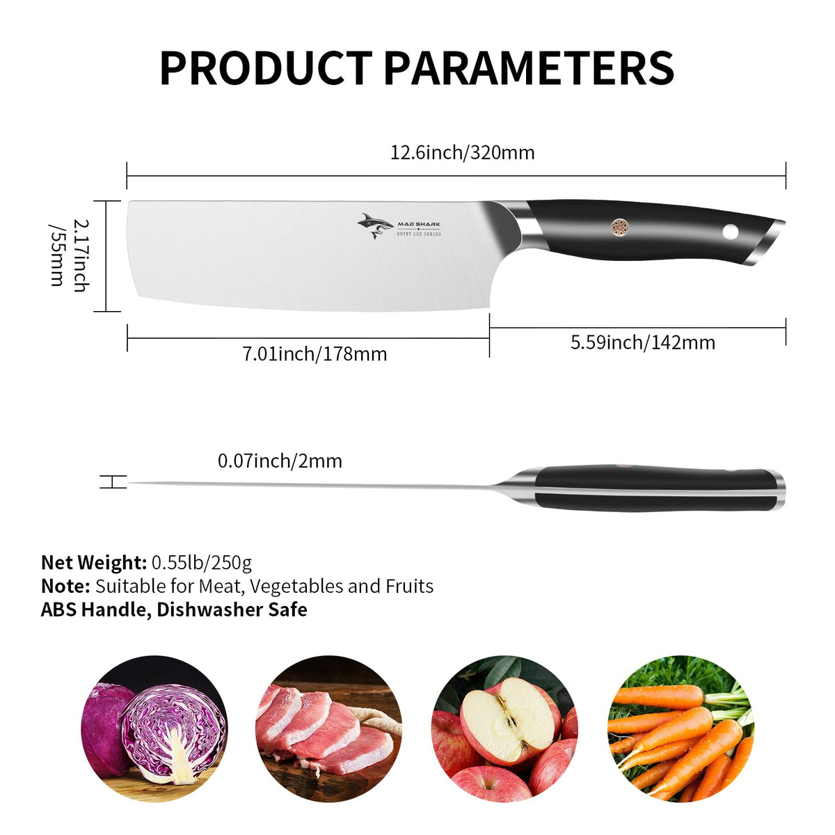 MAD SHARK Nakiri knife dishwasher-safe option with hand-washing to preserve edge.