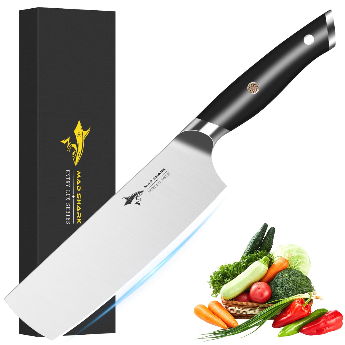 MAD SHARK Nakiri knife 7in blade close-up shows razor-sharp edge for precise chopping.