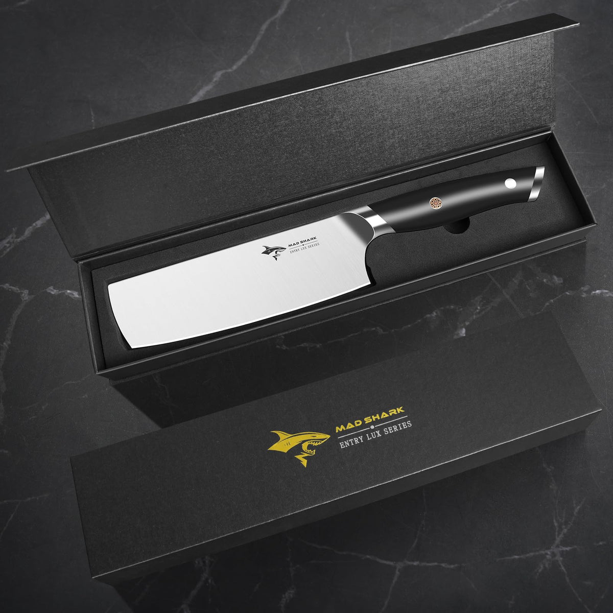 MAD SHARK Nakiri knife storage fits standard blocks and sheaths.