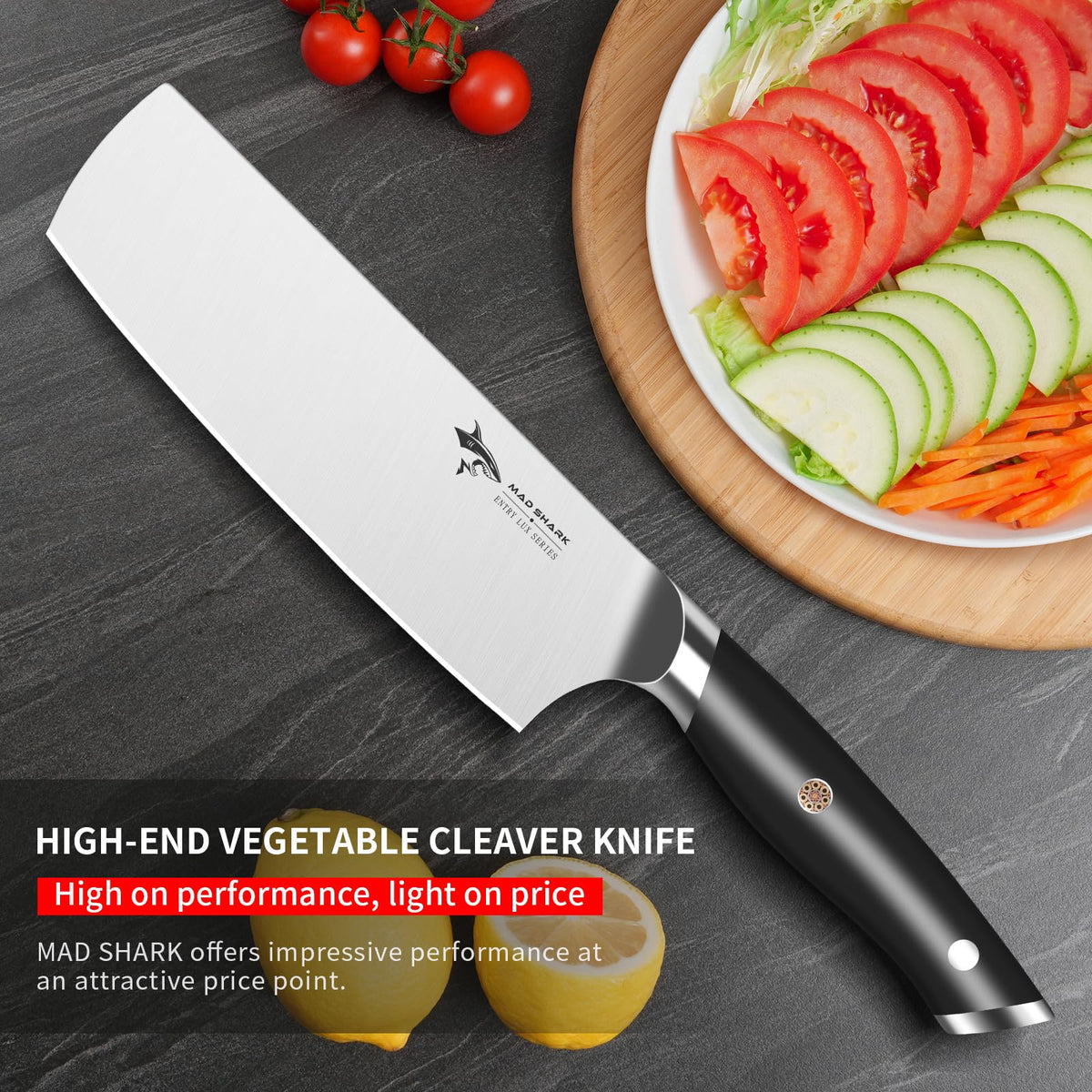 MAD SHARK Nakiri knife ergonomic handle ensures a secure, comfortable grip during prep.