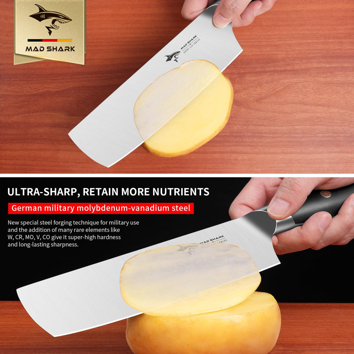 MAD SHARK Nakiri knife razor-sharp edge glides through vegetables effortlessly.