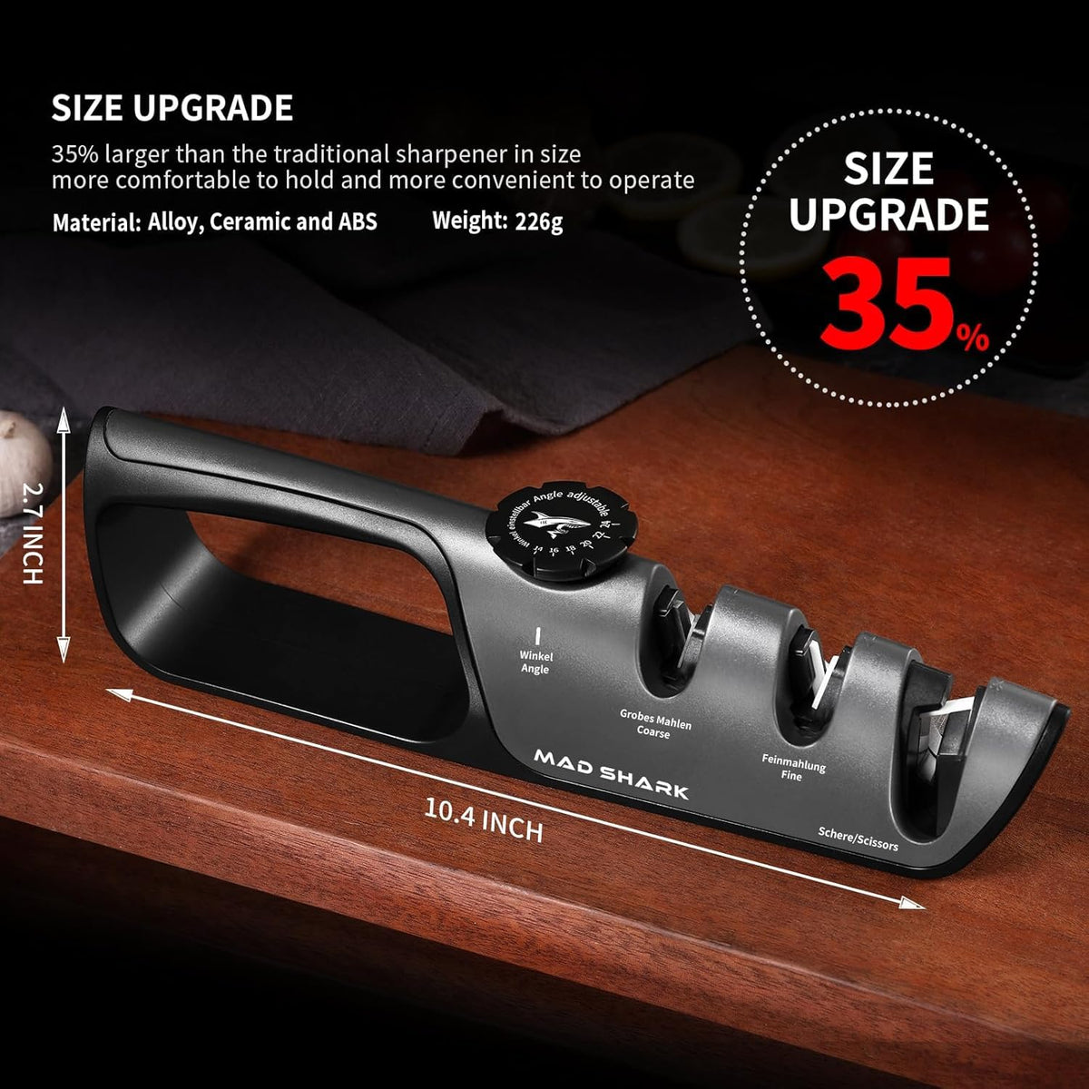 MAD SHARK non-slip base with silicone pads keeps sharpening stable.