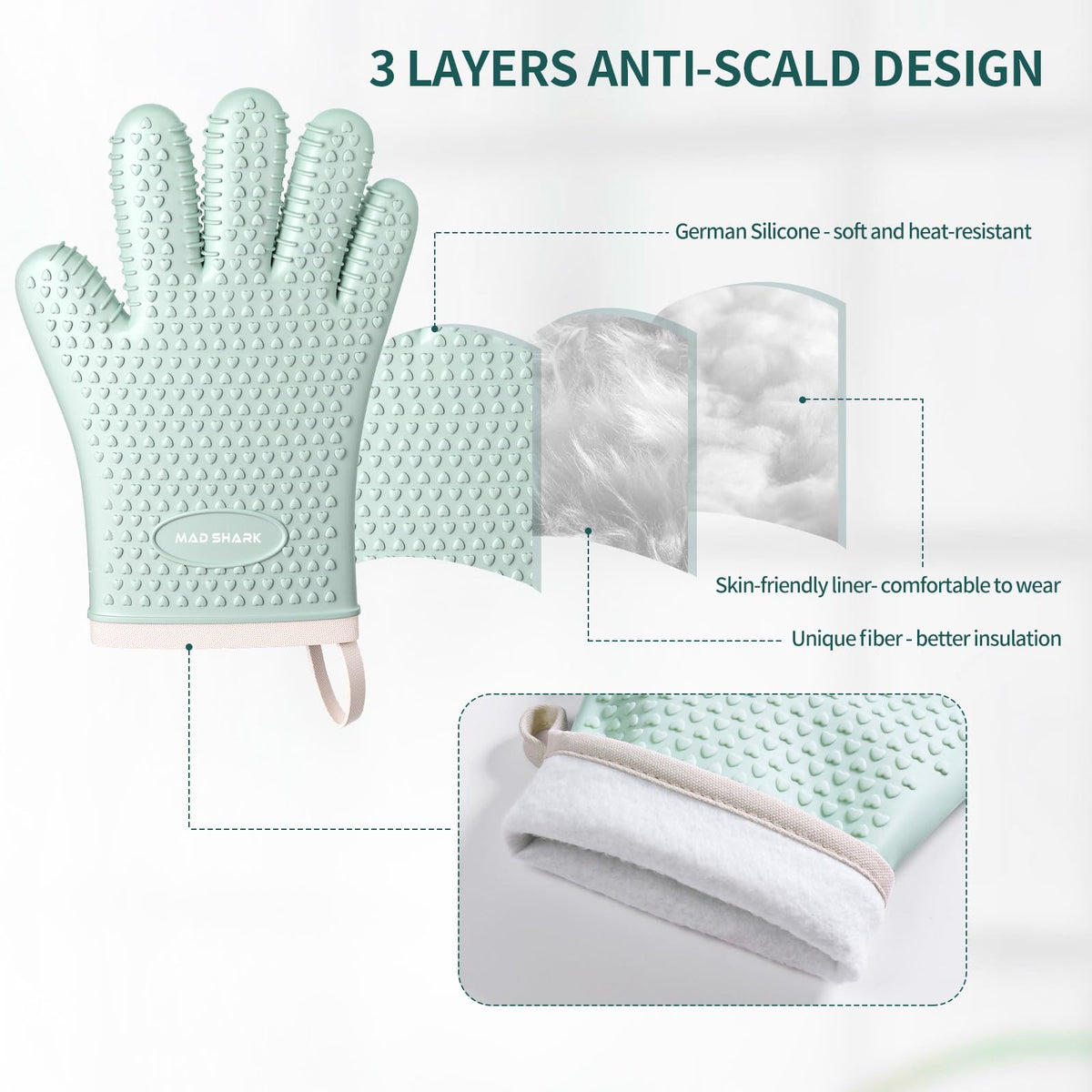 MAD SHARK silicone oven mitts offer easy cleaning and grease resistance