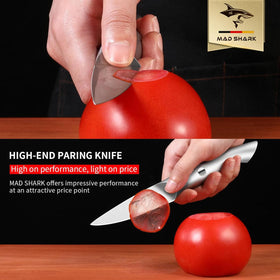 MAD SHARK paring knife ergonomic handle showing comfortable grip for detailed prep.