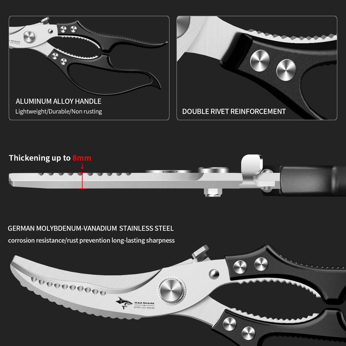 MAD SHARK poultry shears bone notch and full blade capacity for efficient cutting