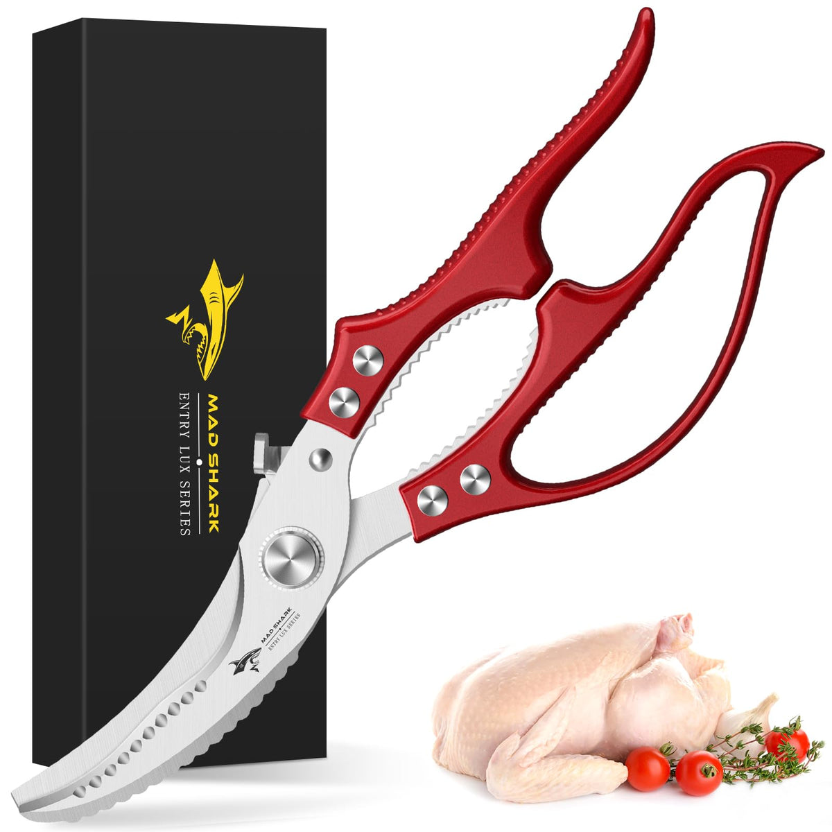 MAD SHARK poultry shears in action for smooth, precise slicing