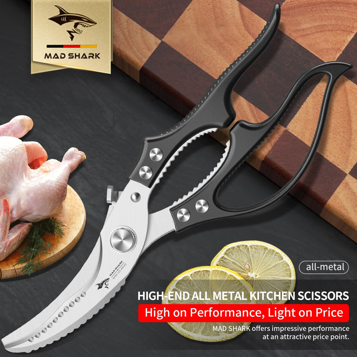 MAD SHARK poultry shears open design with springs enabling easy one-handed use