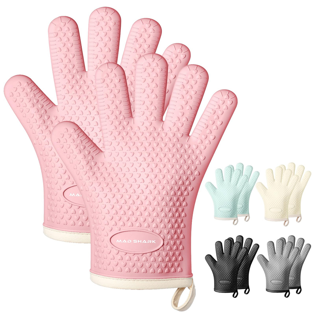 MAD SHARK silicone oven mitts heat up to 450°F for safe handling.