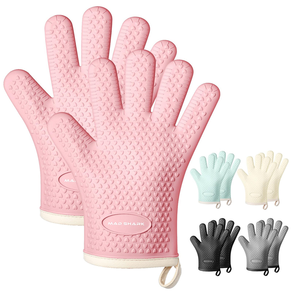 MAD SHARK silicone oven mitts heat up to 450°F for safe handling.