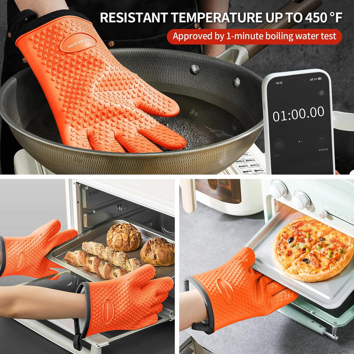 MAD SHARK silicone oven mitts are waterproof and easy to wipe clean