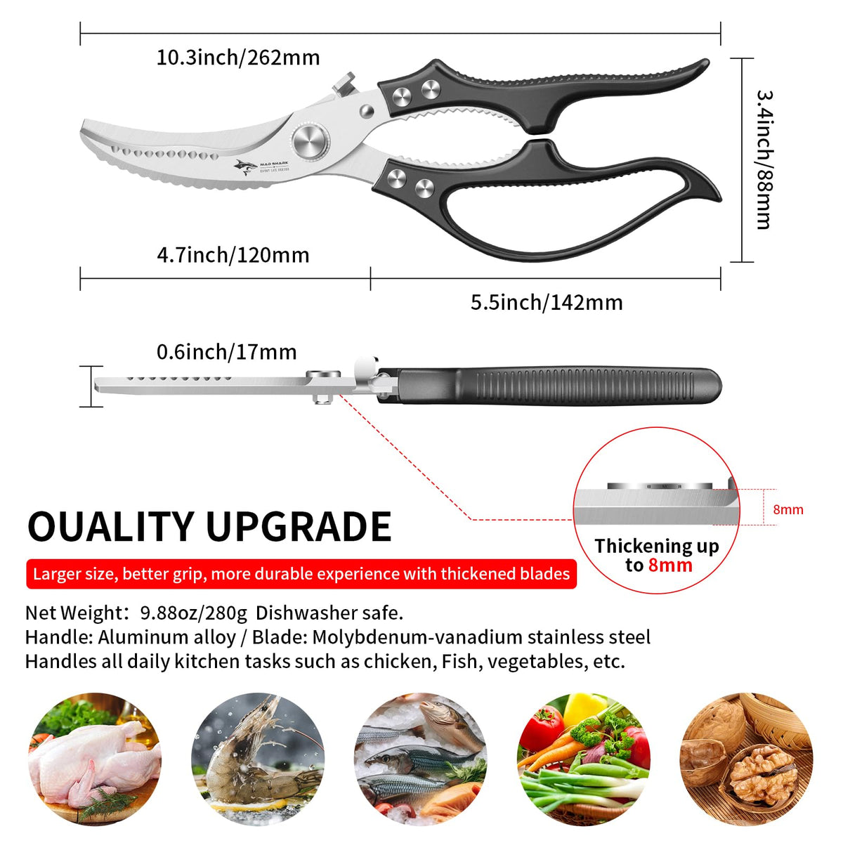MAD SHARK spring-loaded kitchen scissors in use, effortless one-handed operation