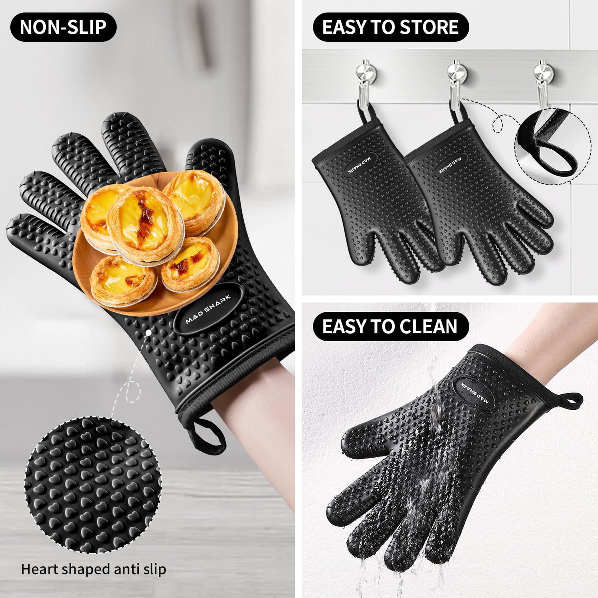 MAD SHARK silicone mitts are waterproof and easy to wipe clean