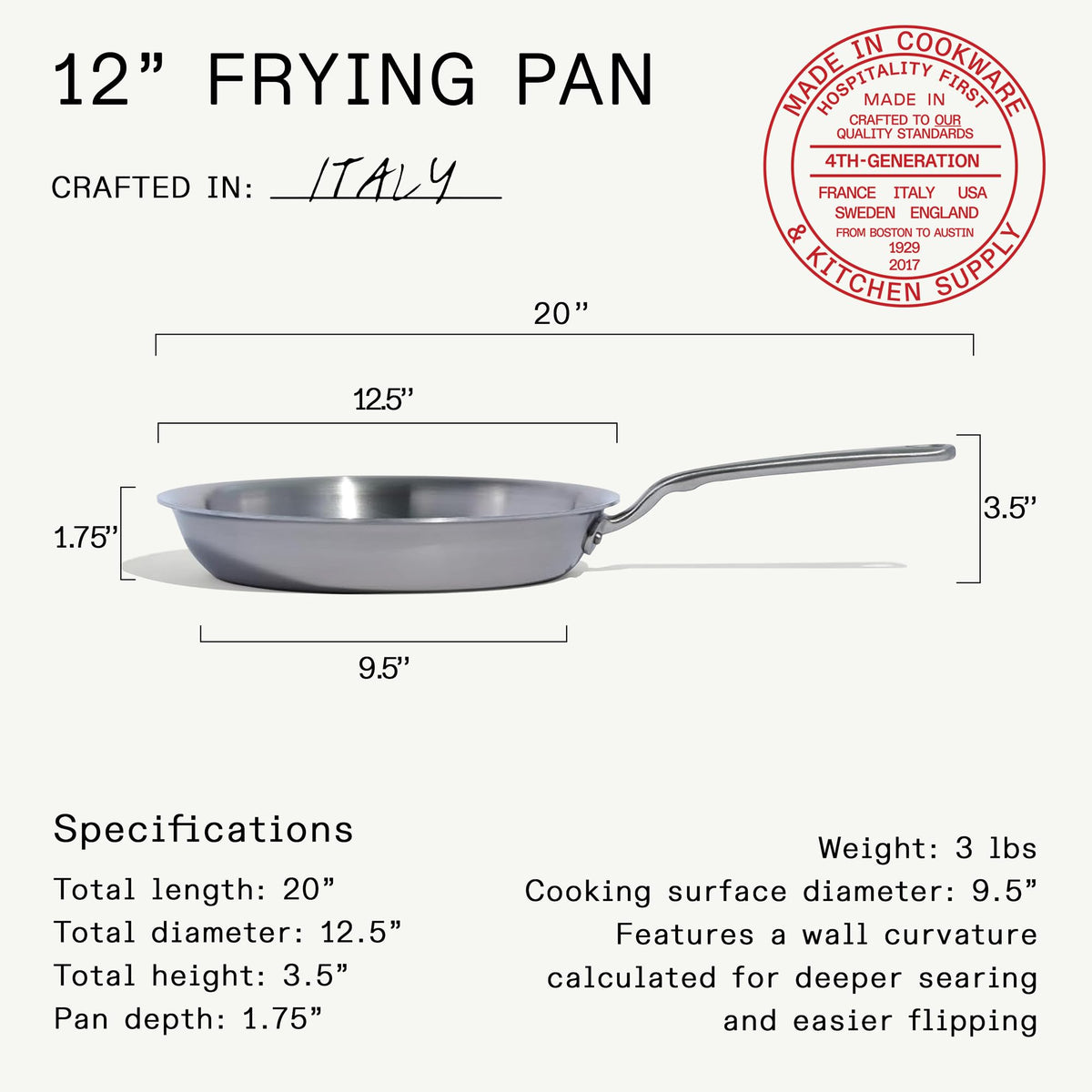 Made In 5-ply stainless clad pan shows multi-layer construction for even heat