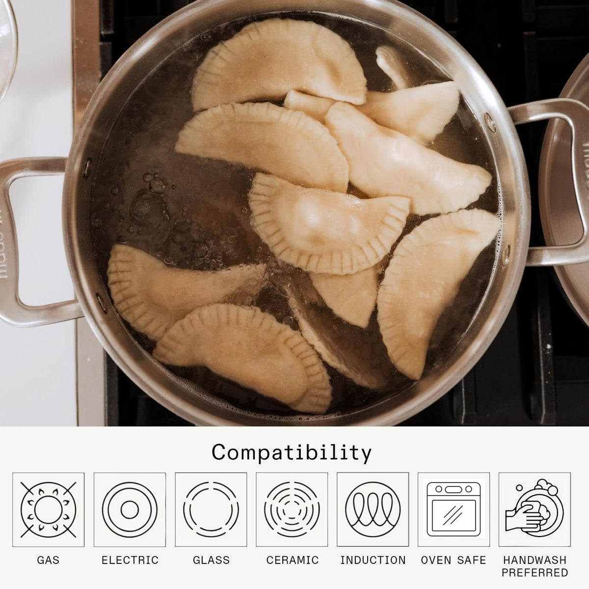 Made In Cookware 5-ply stainless clad stock pot praised for even heat distribution.