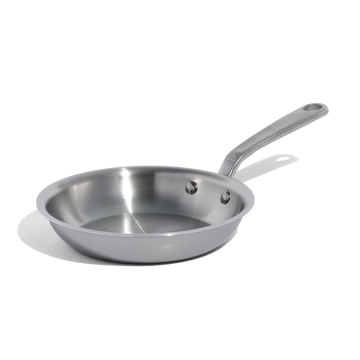 Made In 8-inch stainless steel frying pan top view highlights even heating for searing