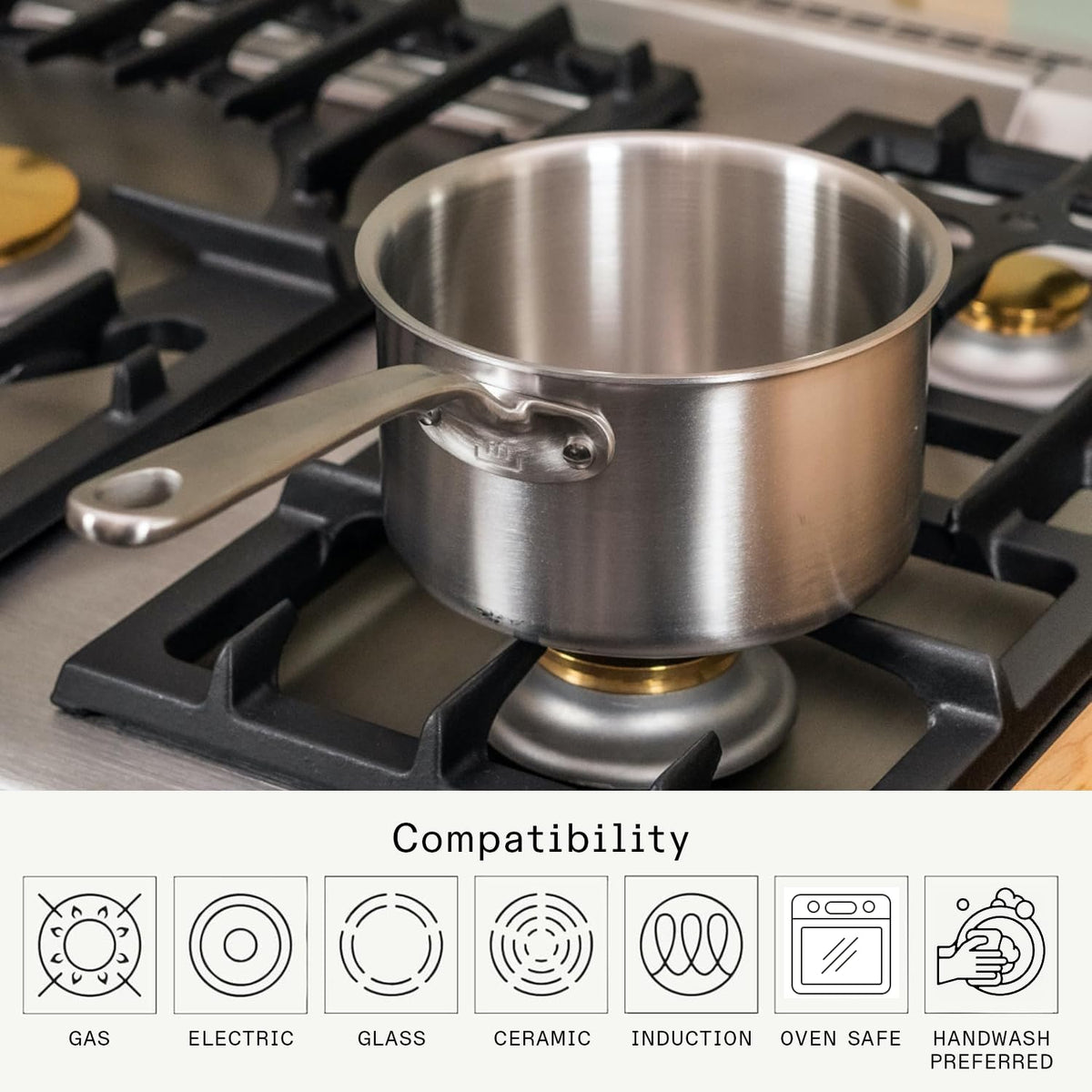 Made In induction-ready top layer 430 stainless for versatile cooktop use.