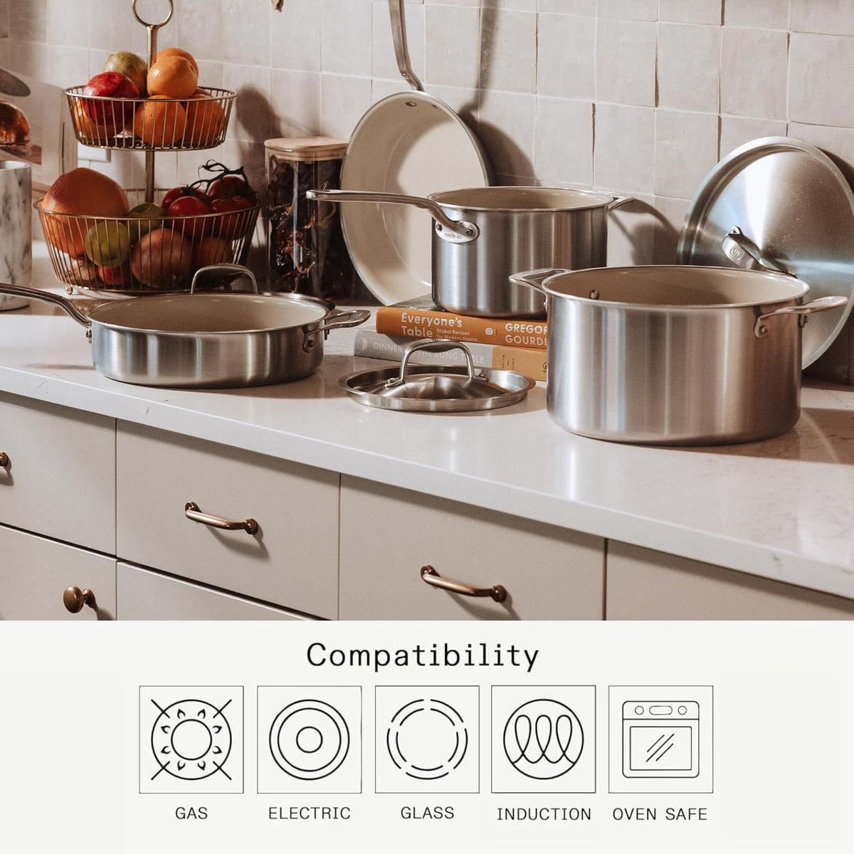 Oven-safe Made In pan up to 550°F for finishing dishes in the oven.