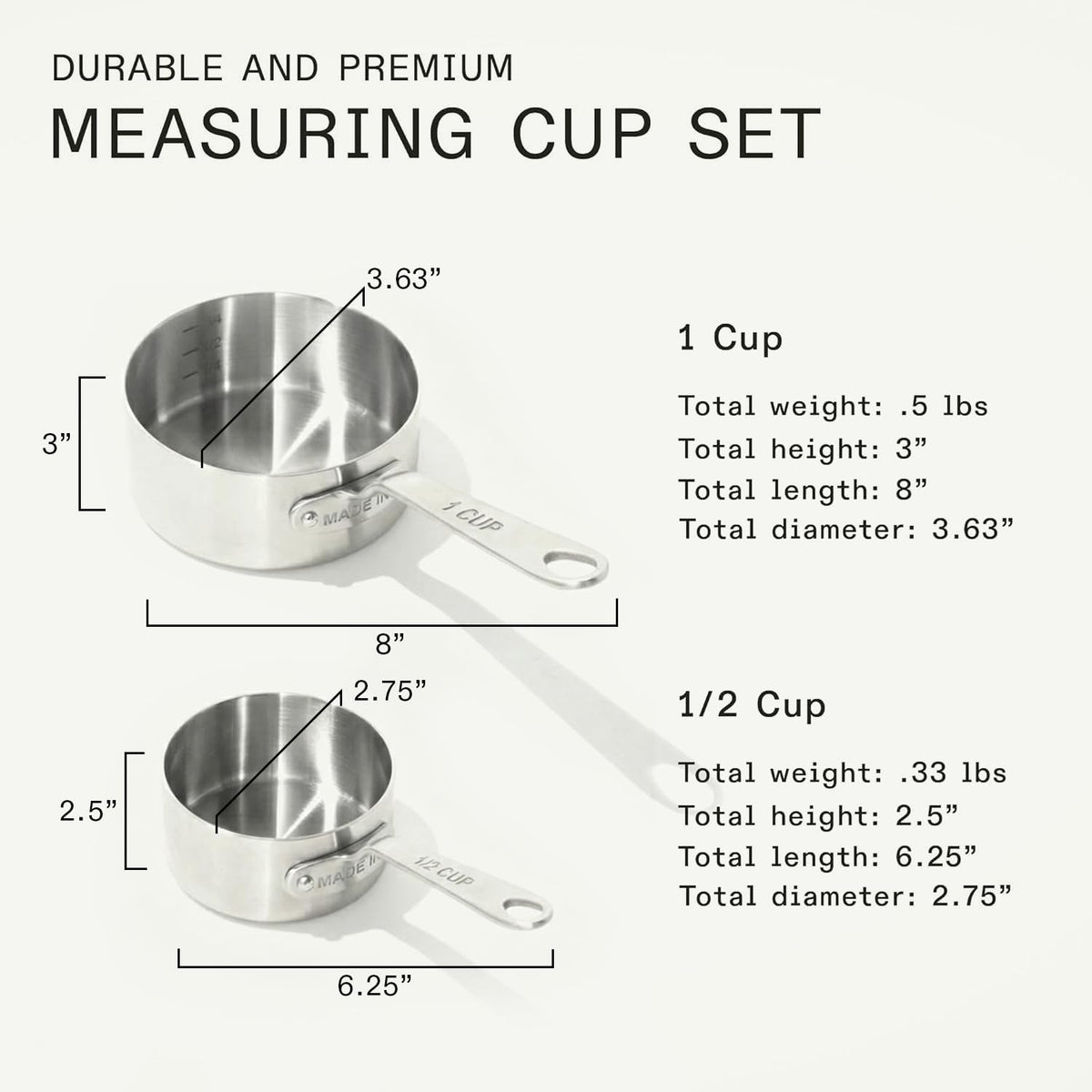 Made In measuring cup set half cup, angle one, versatile for wet and dry ingredients.