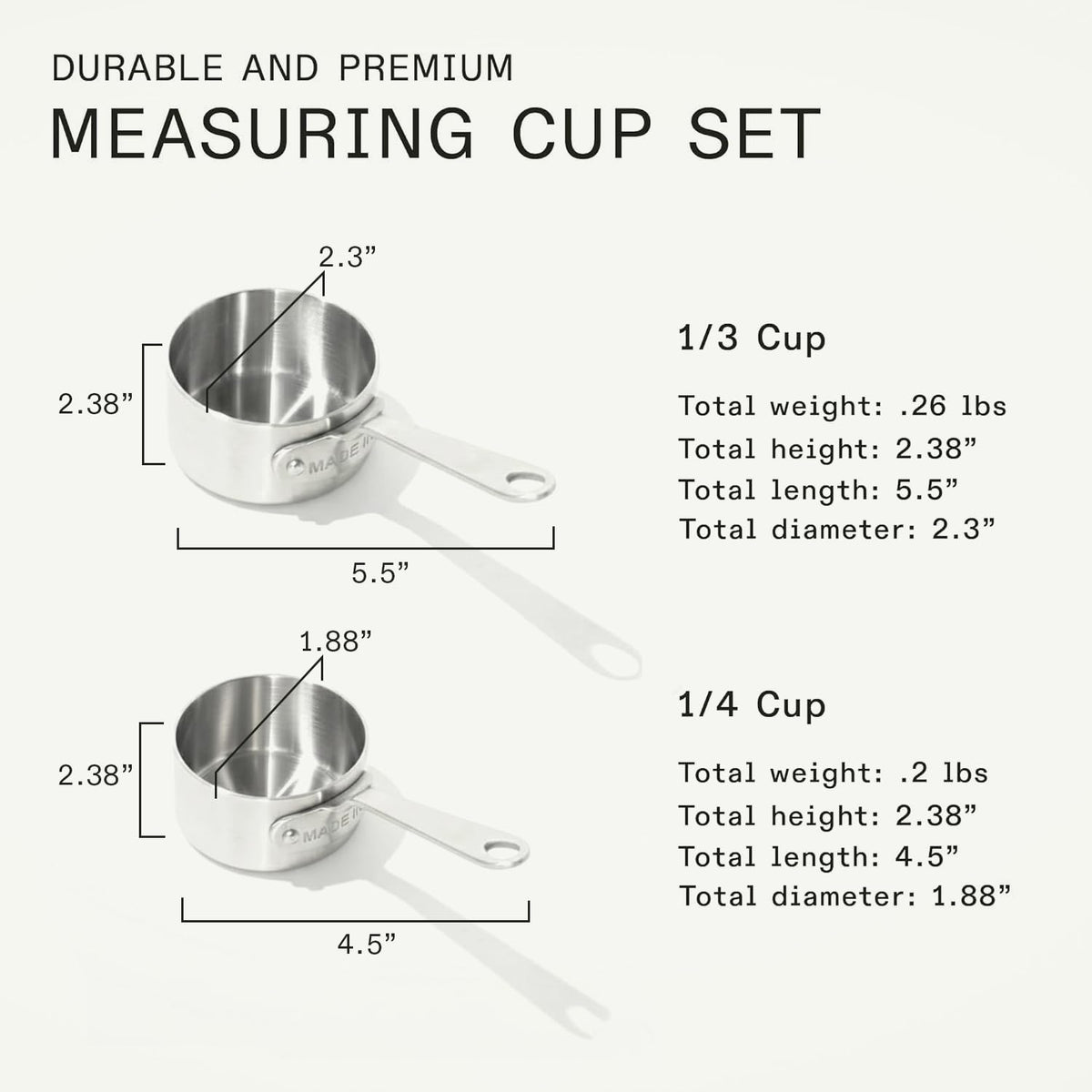 Made In measuring cup set half cup, angle two, durable stainless steel for repeated kitchen use.