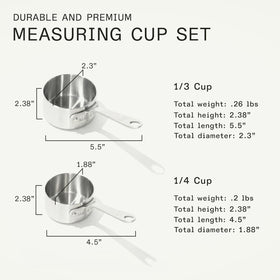 Made In measuring cup set half cup, angle two, durable stainless steel for repeated kitchen use.