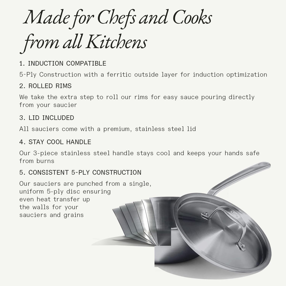 Made In saucier stay-cool handle for safe stirring