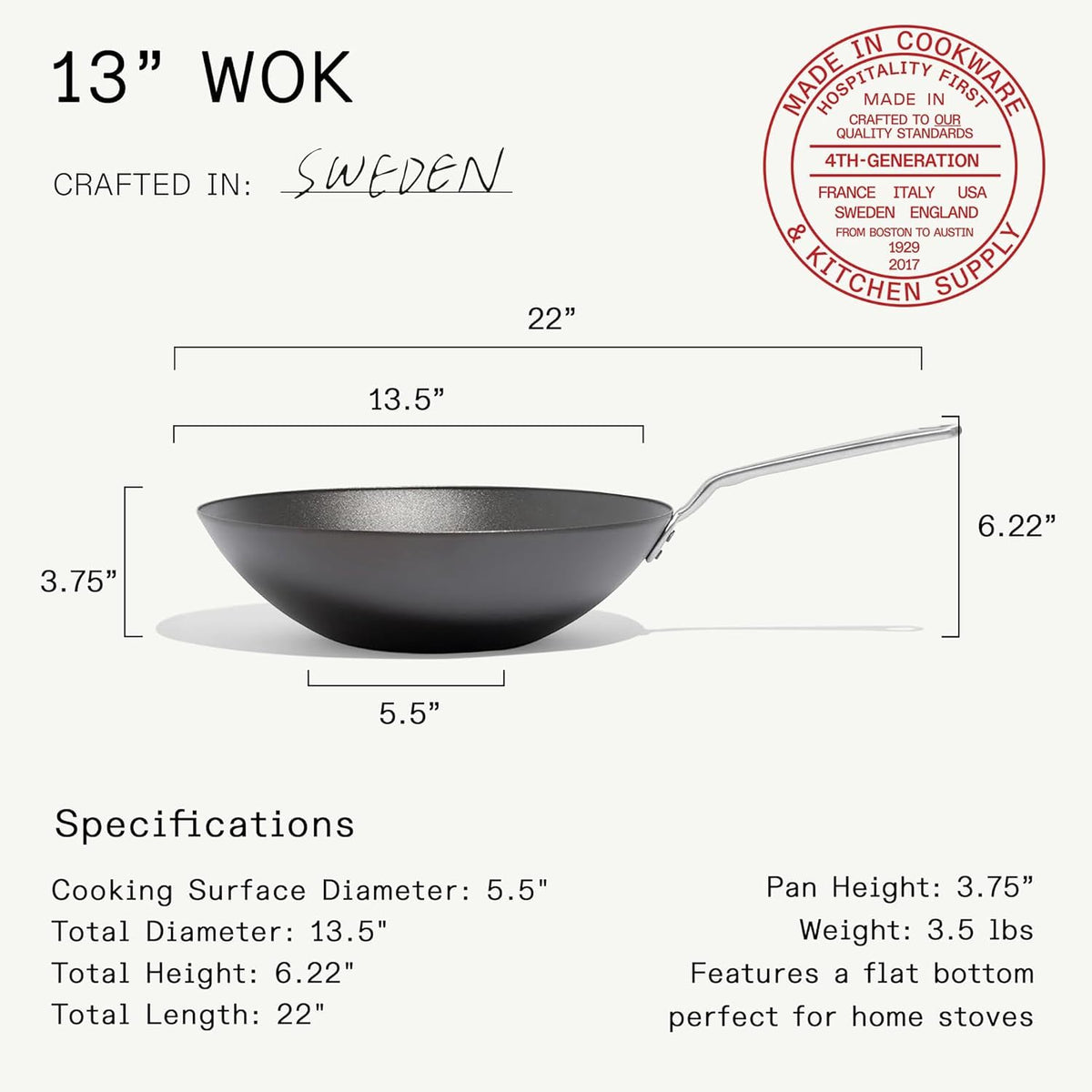 Made In wok 13-inch handle close-up showing secure grip during high-heat cooking.