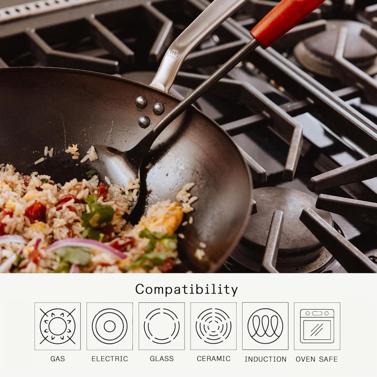 In-use stir-fry with Made In carbon steel wok delivering wok hei and precise control.