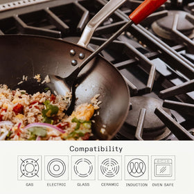 In-use stir-fry with Made In carbon steel wok delivering wok hei and precise control.