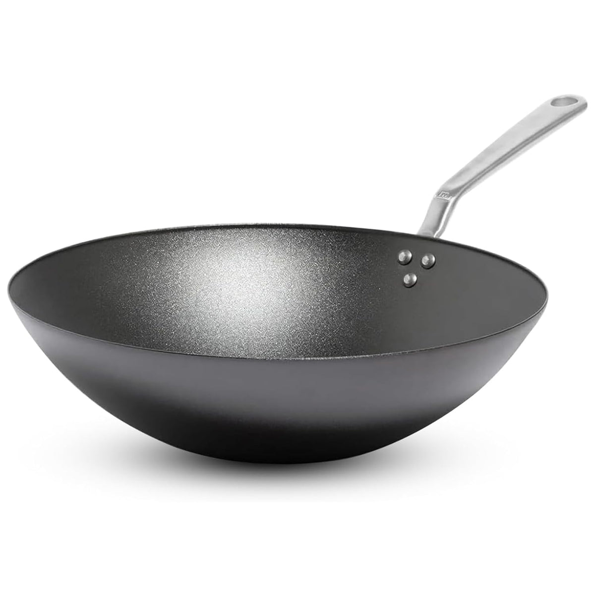 Made In 13-inch seasoned carbon steel wok top view for even searing.