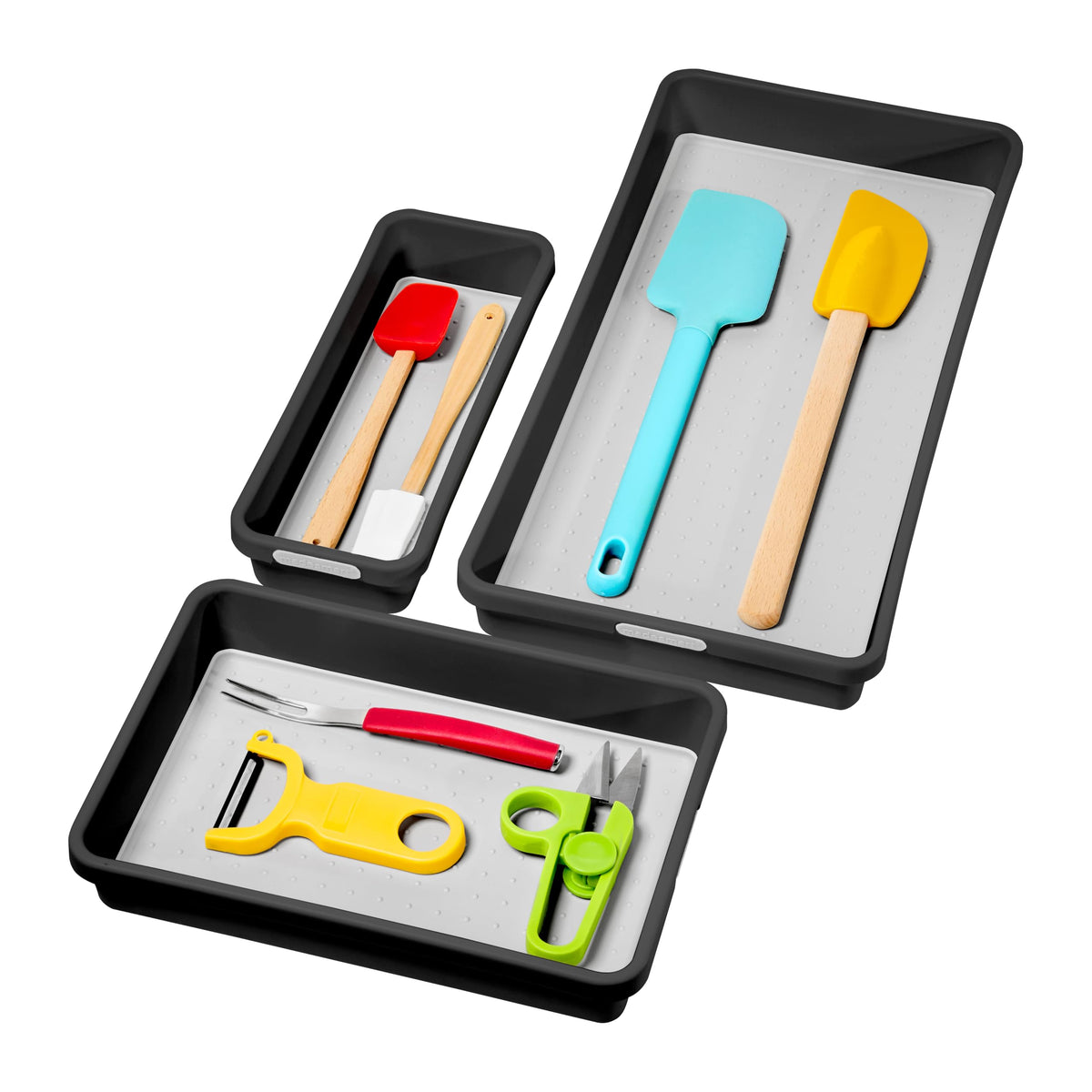 Madesmart 3-bin drawer set top view for easy utensil organization.