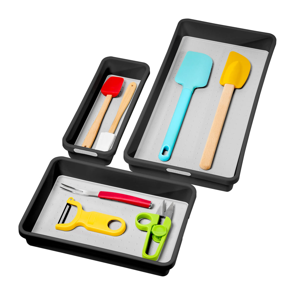 Madesmart 3-bin drawer set top view for easy utensil organization.