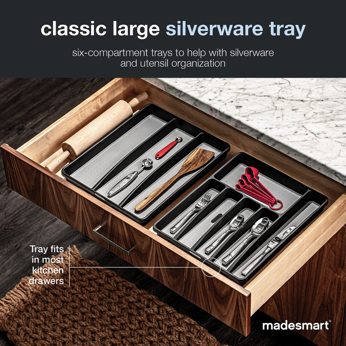 Madesmart Classic Silverware Tray inside a drawer, utensils neatly separated