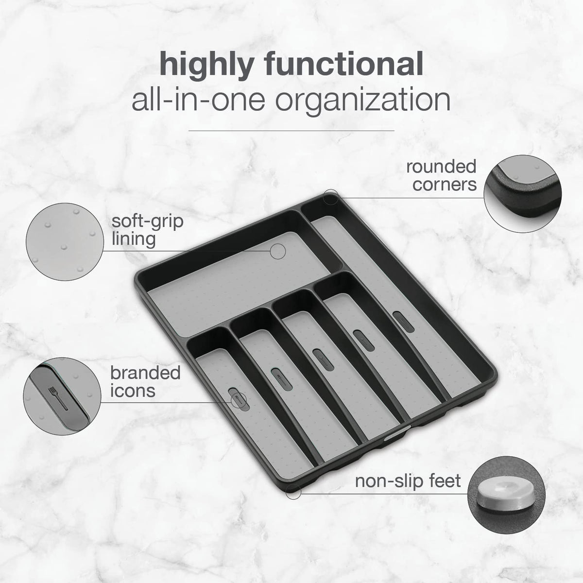Madesmart Classic Silverware Tray six-compartments with branded icons for quick sorting