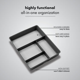 Madesmart drawer tray closeup shows nonslip feet preventing shifting