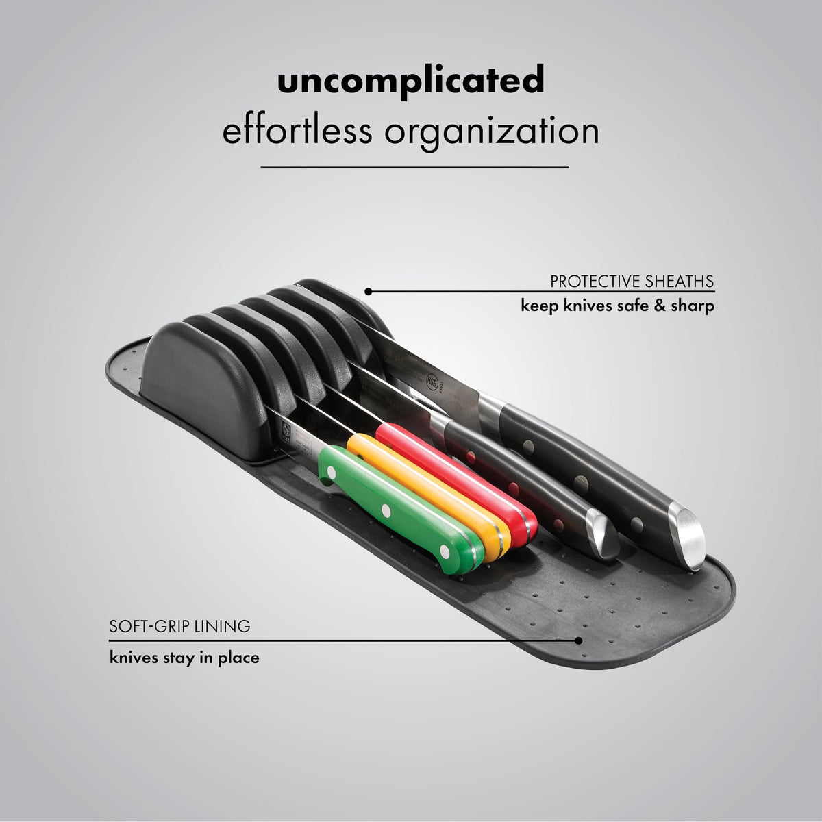 Madesmart Knife Mat fits standard drawers, maximizing space for small knives.