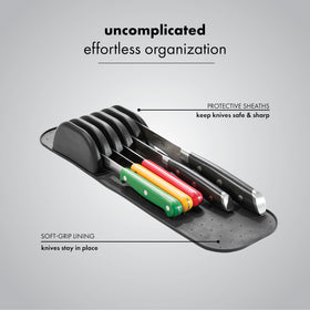 Madesmart Knife Mat fits standard drawers, maximizing space for small knives.